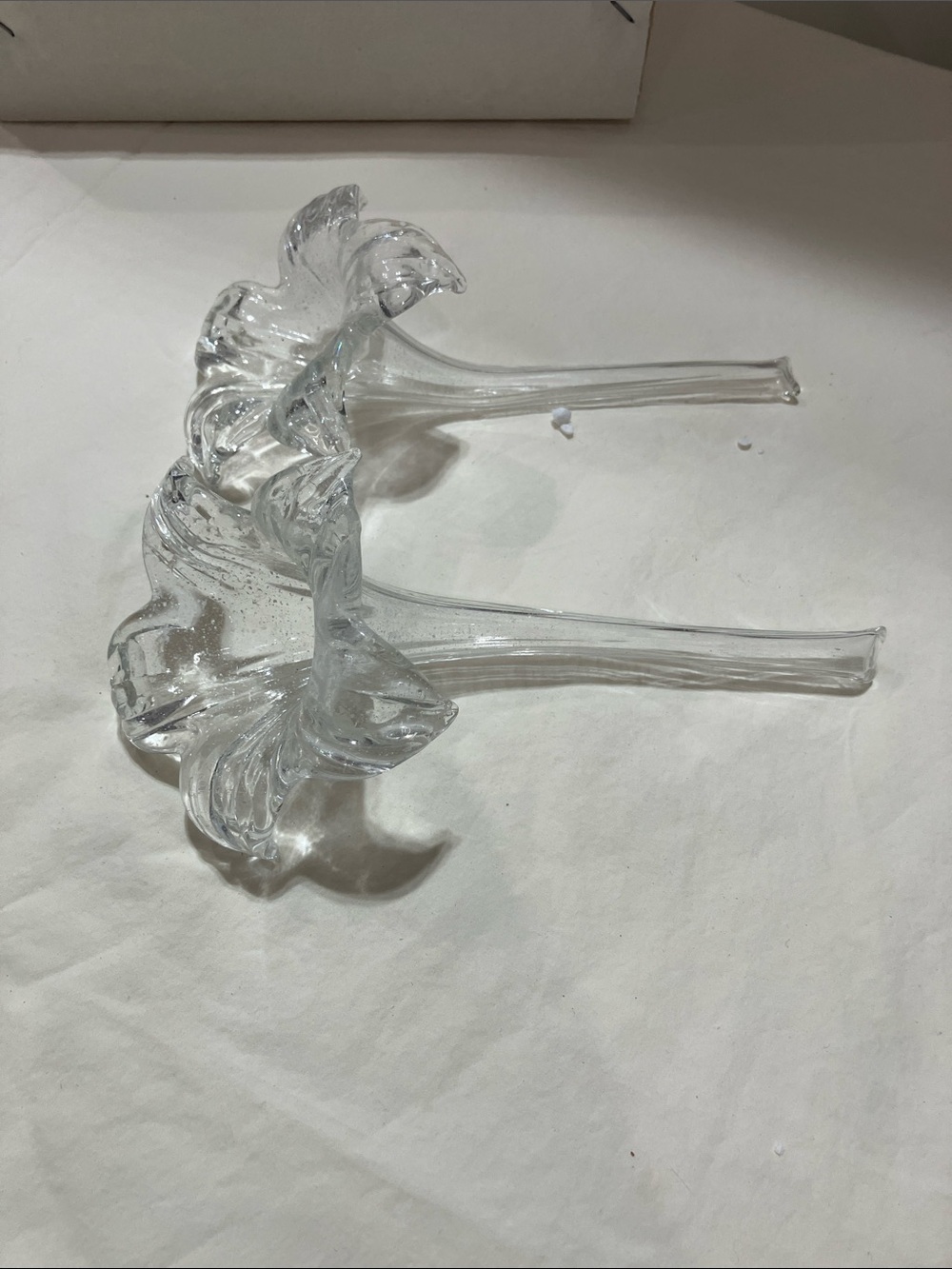 Vintage Set of 2 Clear Glass Blooming Lily Flower Hand Blown Glass Decor 7" Long
